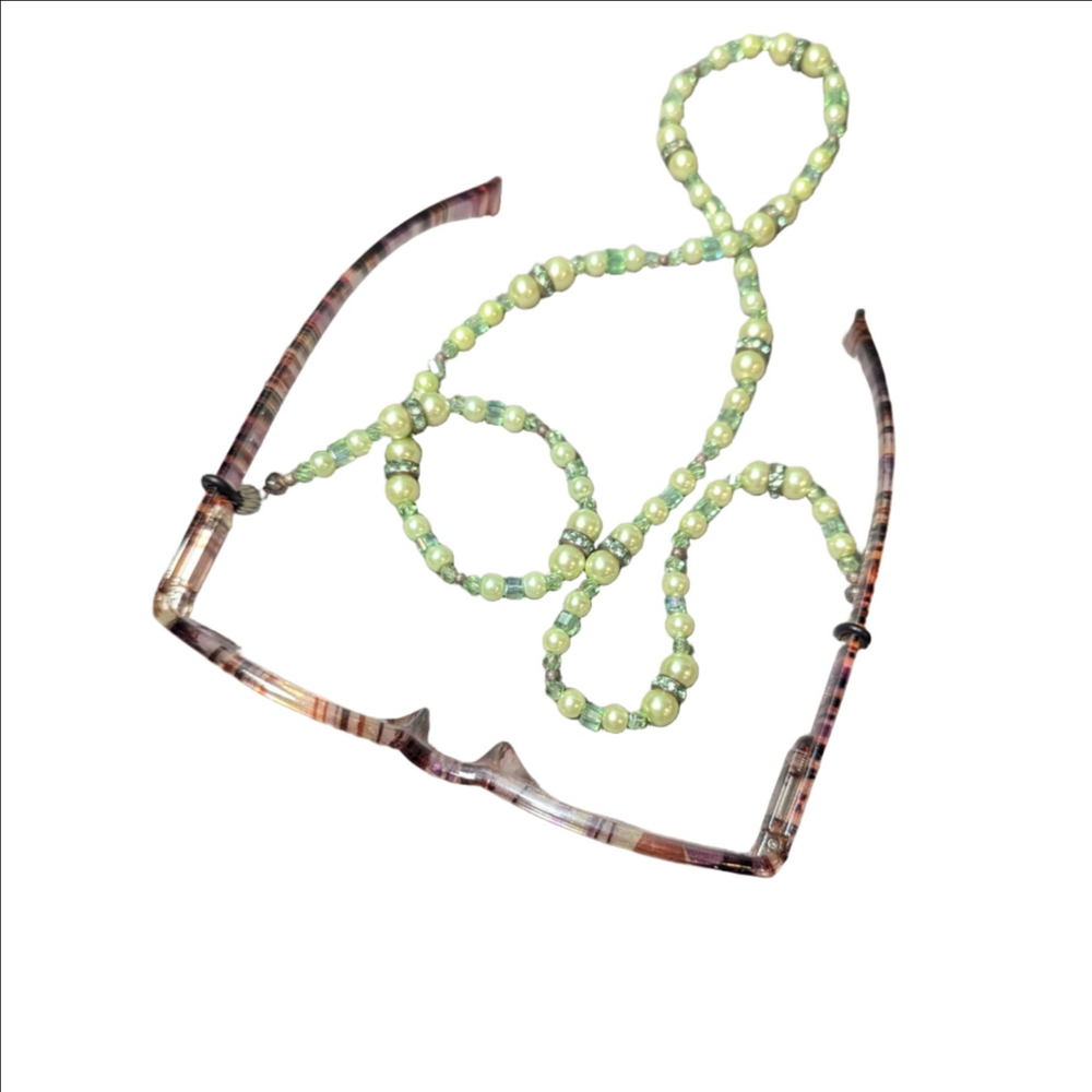 Eye glass Holder Green Beaded  Chain Faux pearl Rhinestone Vintage Style Fancy